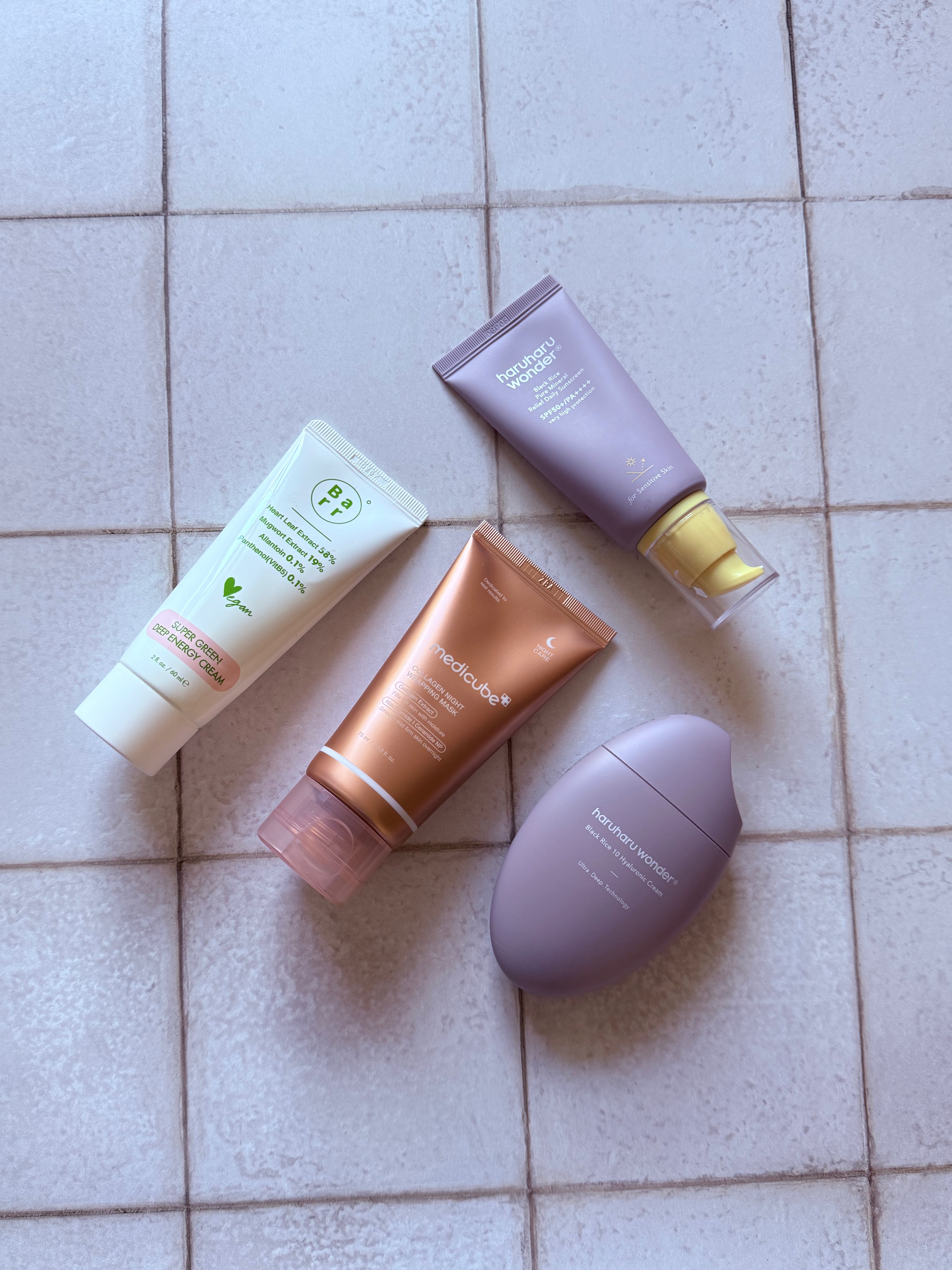 Korean Skincare products displayed on tiles