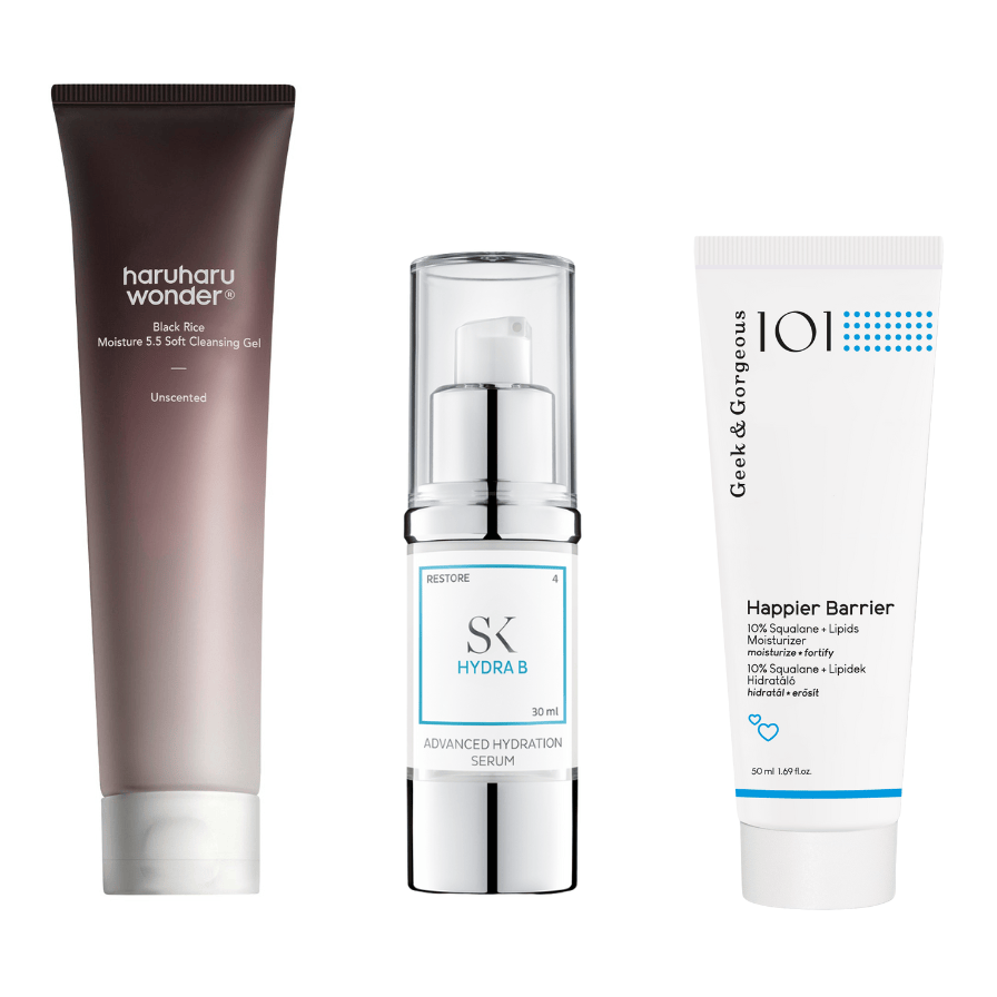 Three skincare products from different brands on a white background