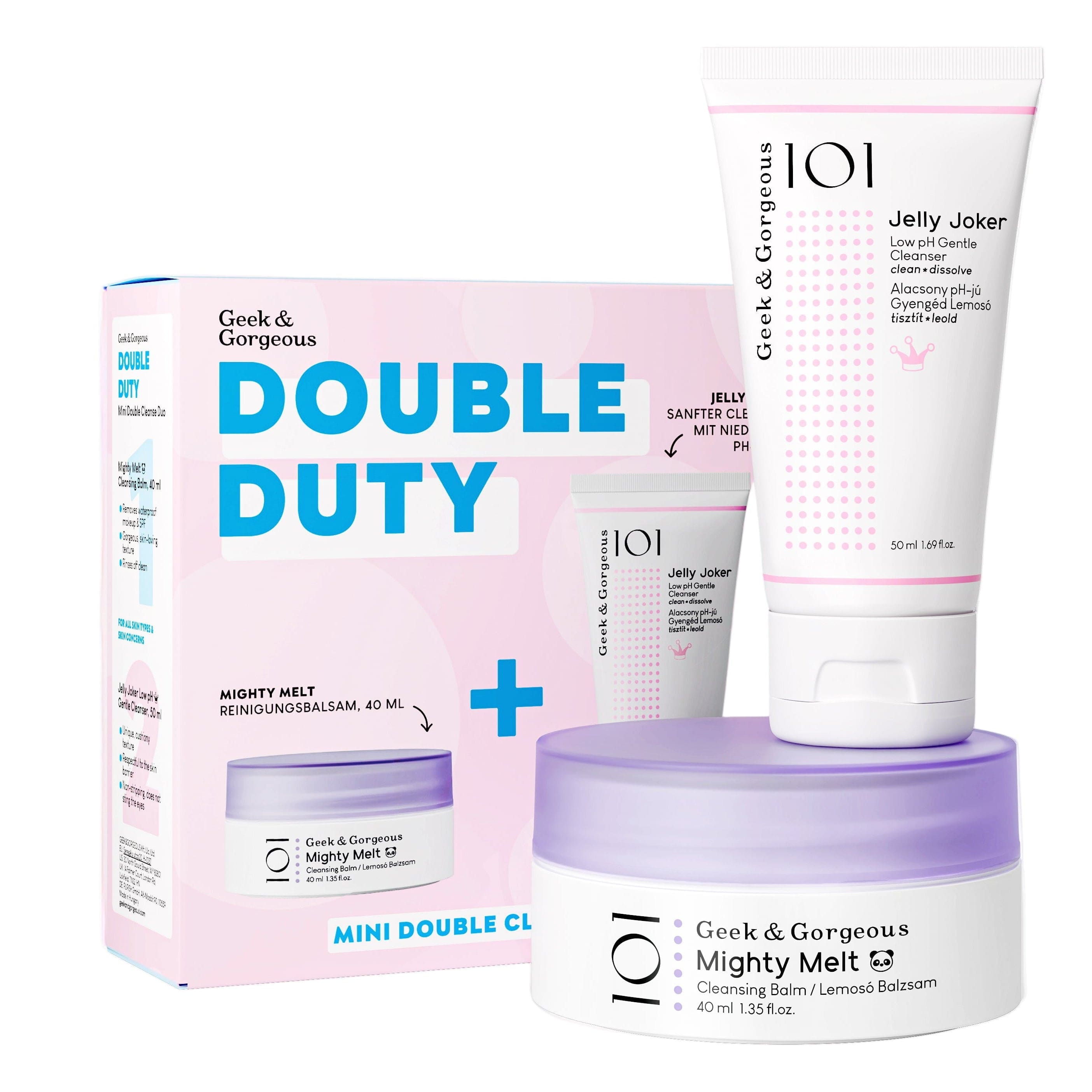 Skincare products including a box labeled 'Double Duty' and two bottles on a white background.