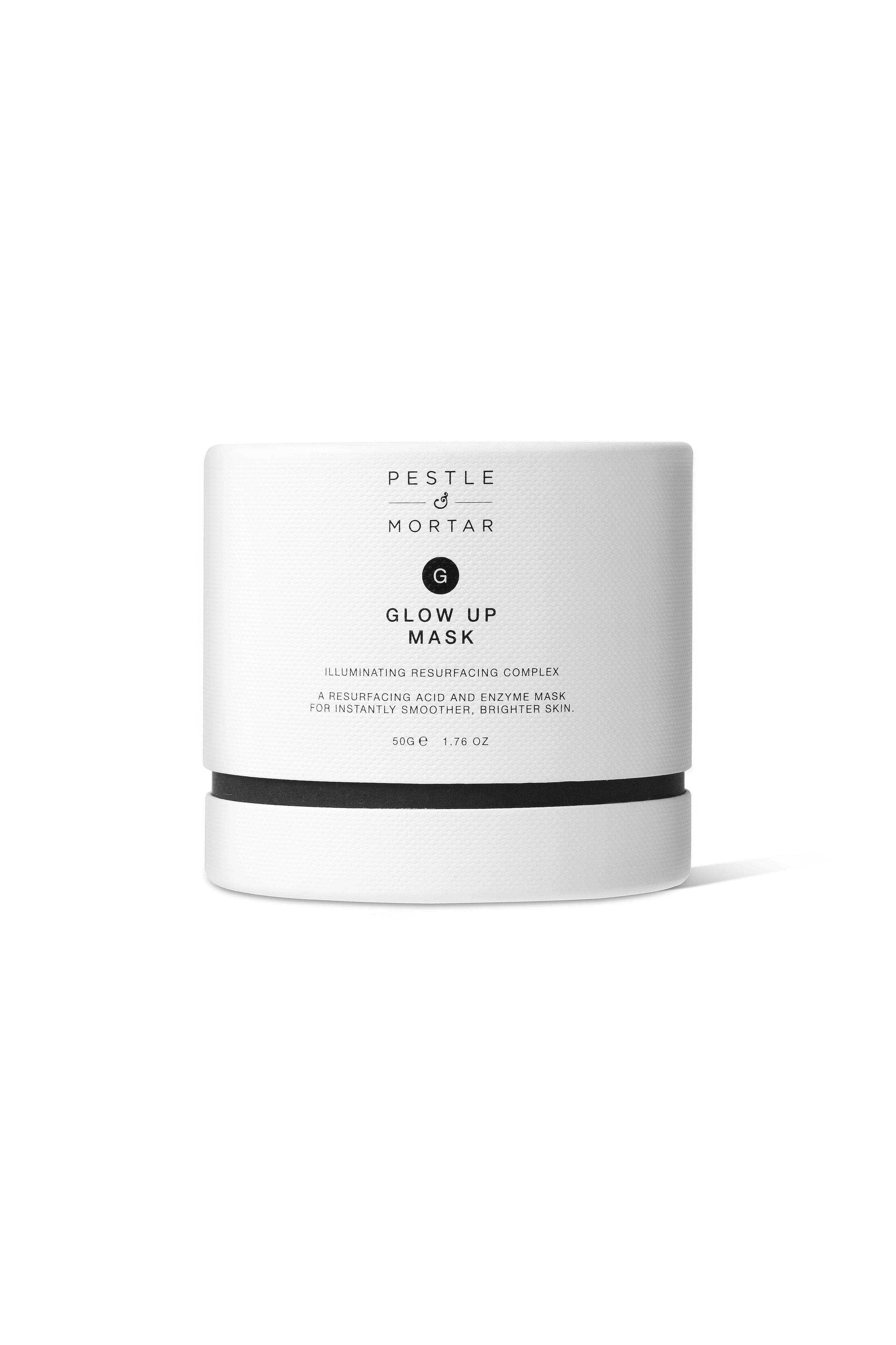 White container of 'Glow Up Mask' by Pestle & Mortar on a white background