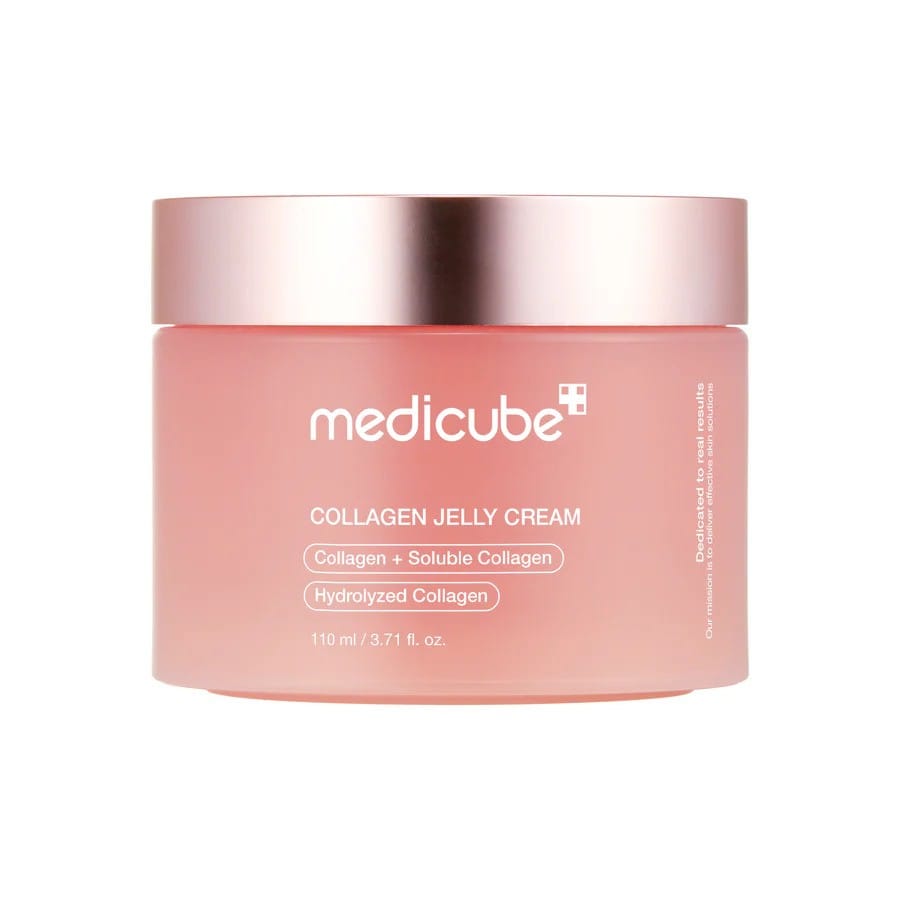 Pink jar of Medicube Collagen Jelly Cream on a white background