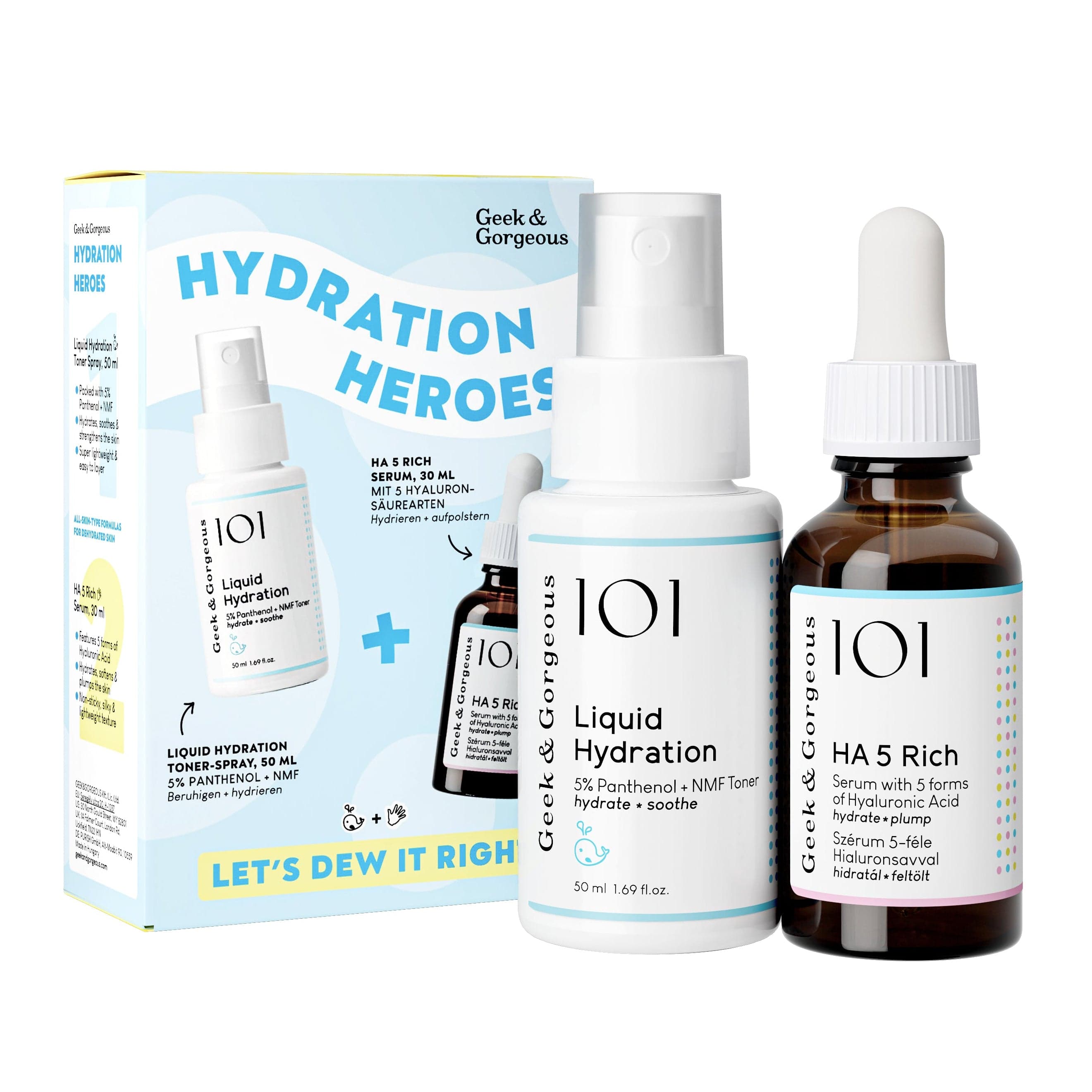 Geek & gorgeous Hydration heroes set including bottles and a box on a white background