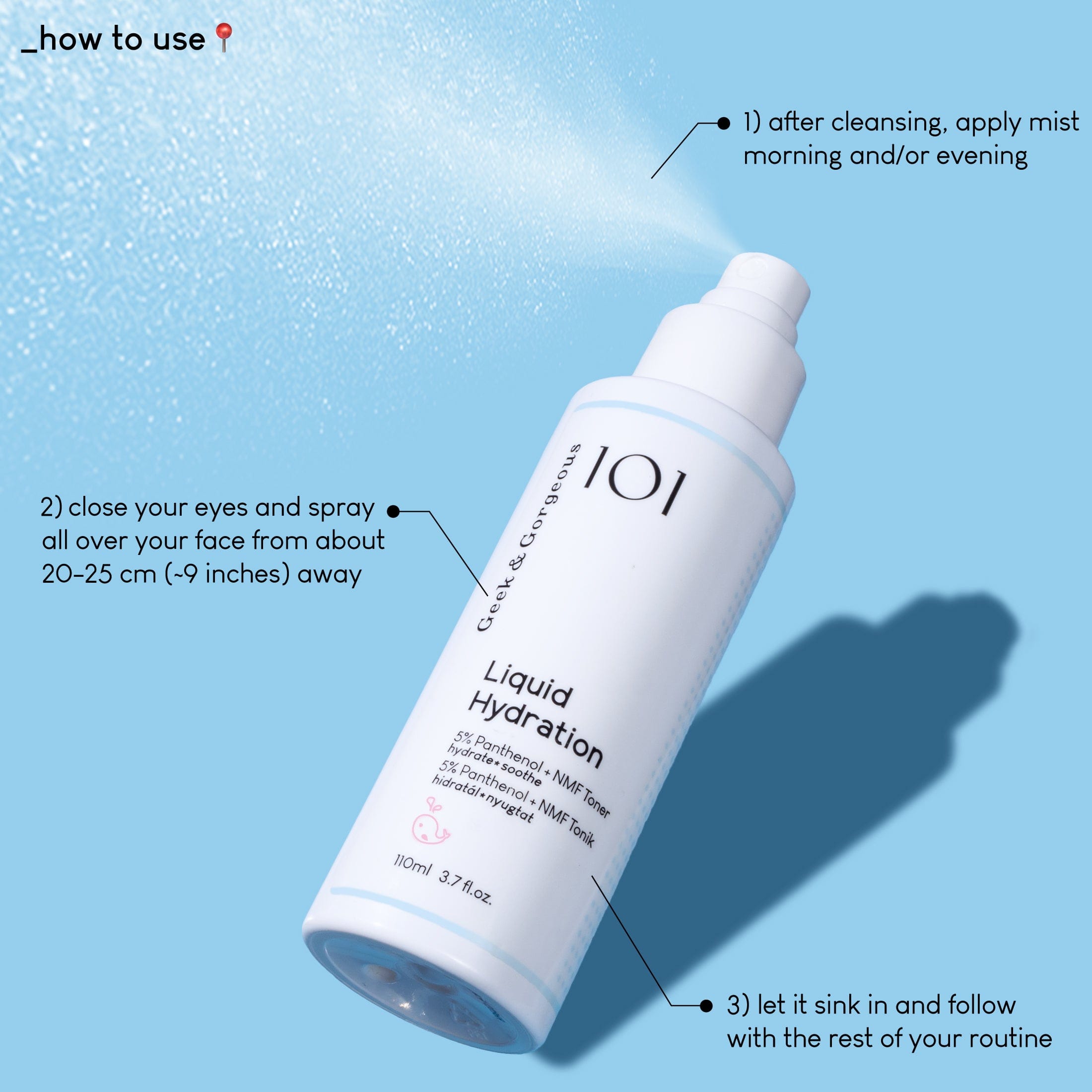 Geek & GorgeousLiquid Hydration bottle with usage instructions on a blue background