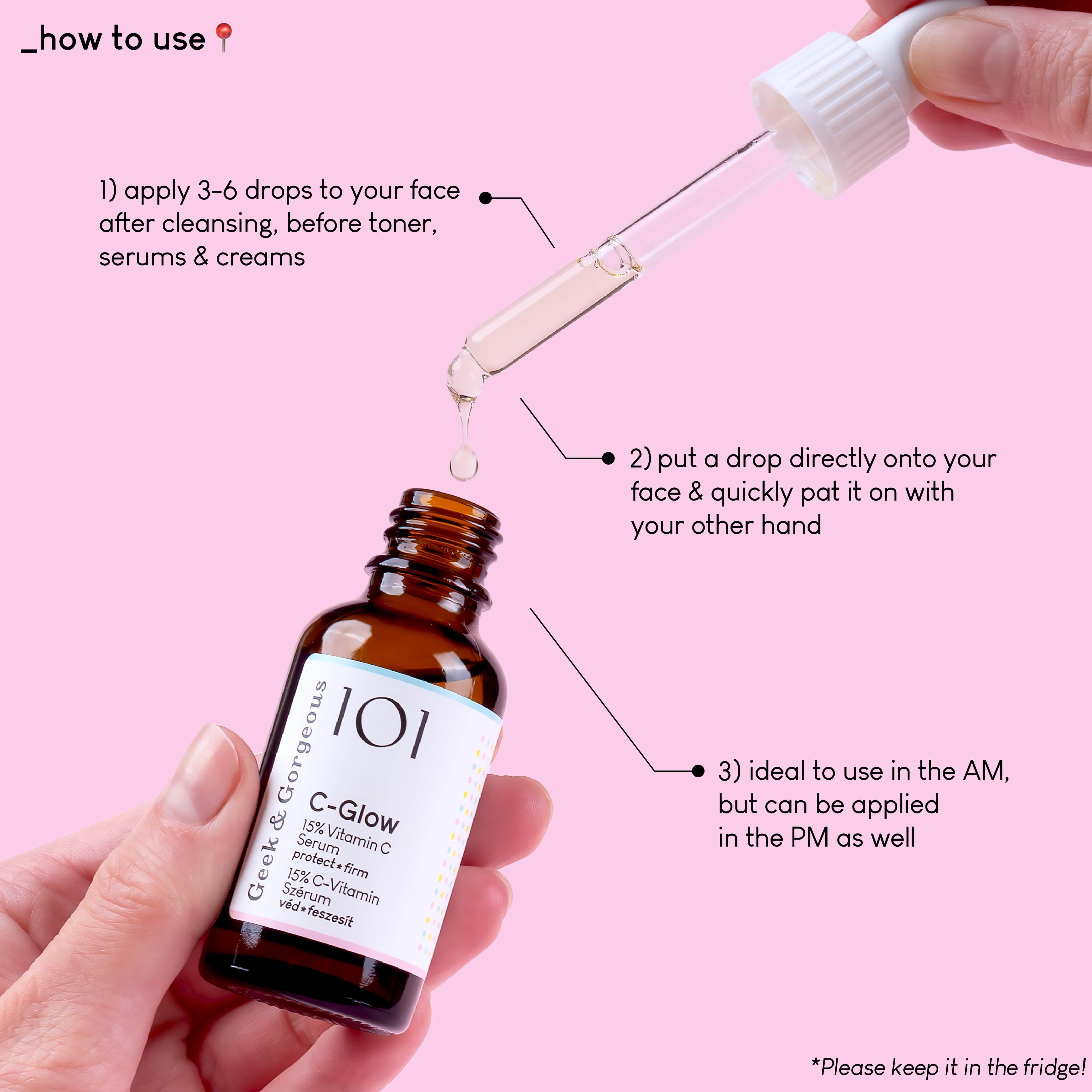 Bottle of 101 C-Glow serum with dropper and usage instructions on a pink background