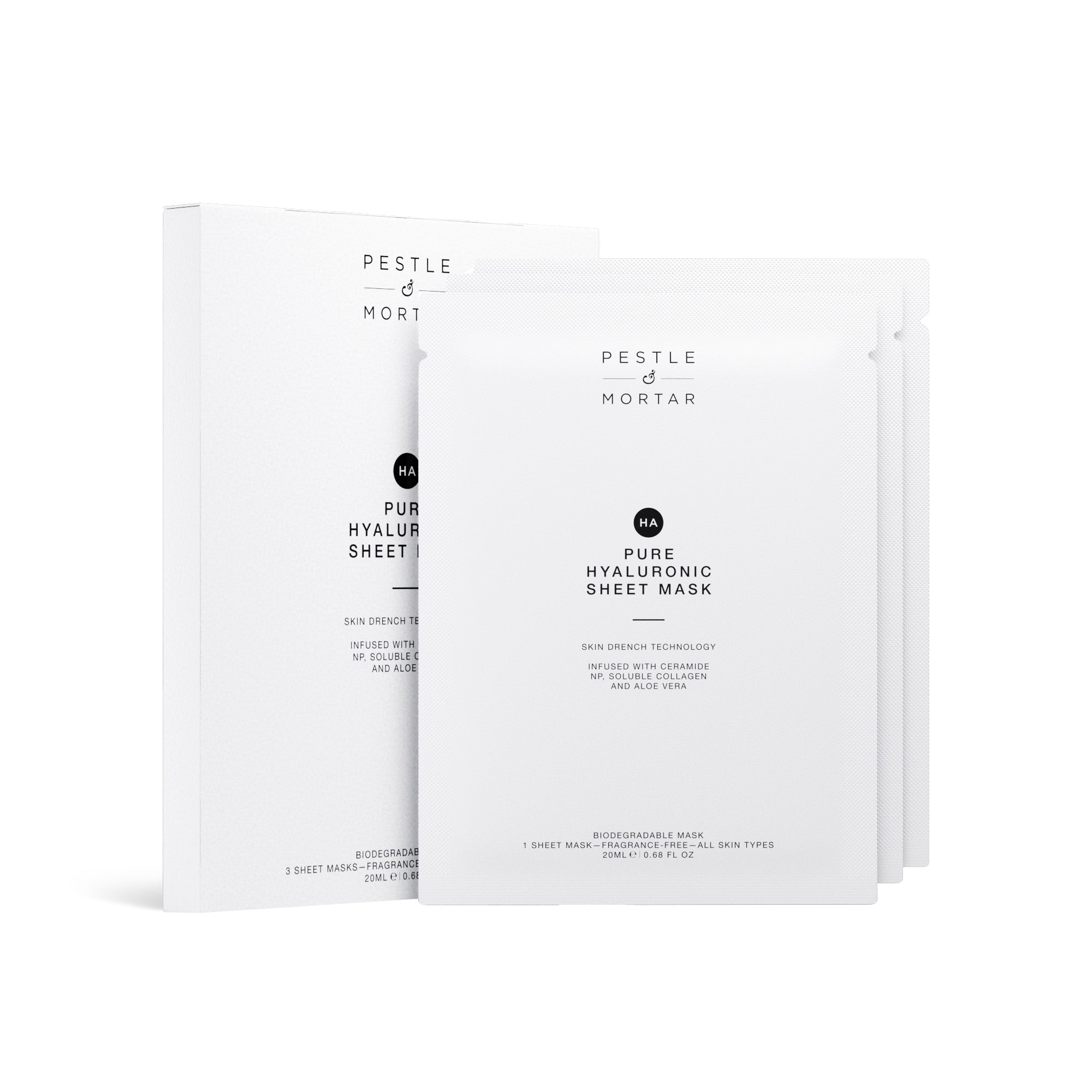 Two Pestle & Mortar Pure Hyaluronic Sheet Masks on a white background