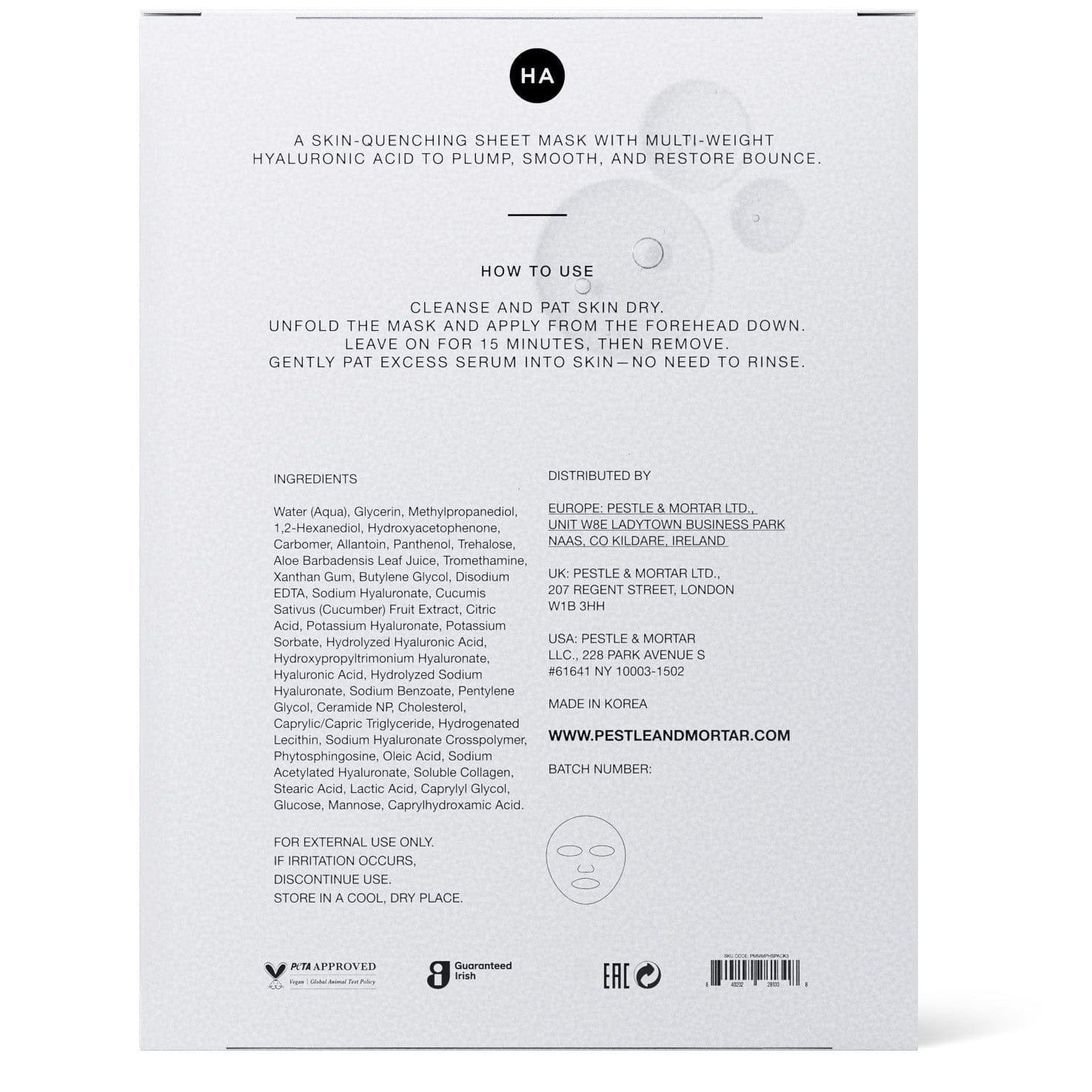 Back of a Pestle & Mortar Pure Hyaluronic  sheet mask packaging with text 