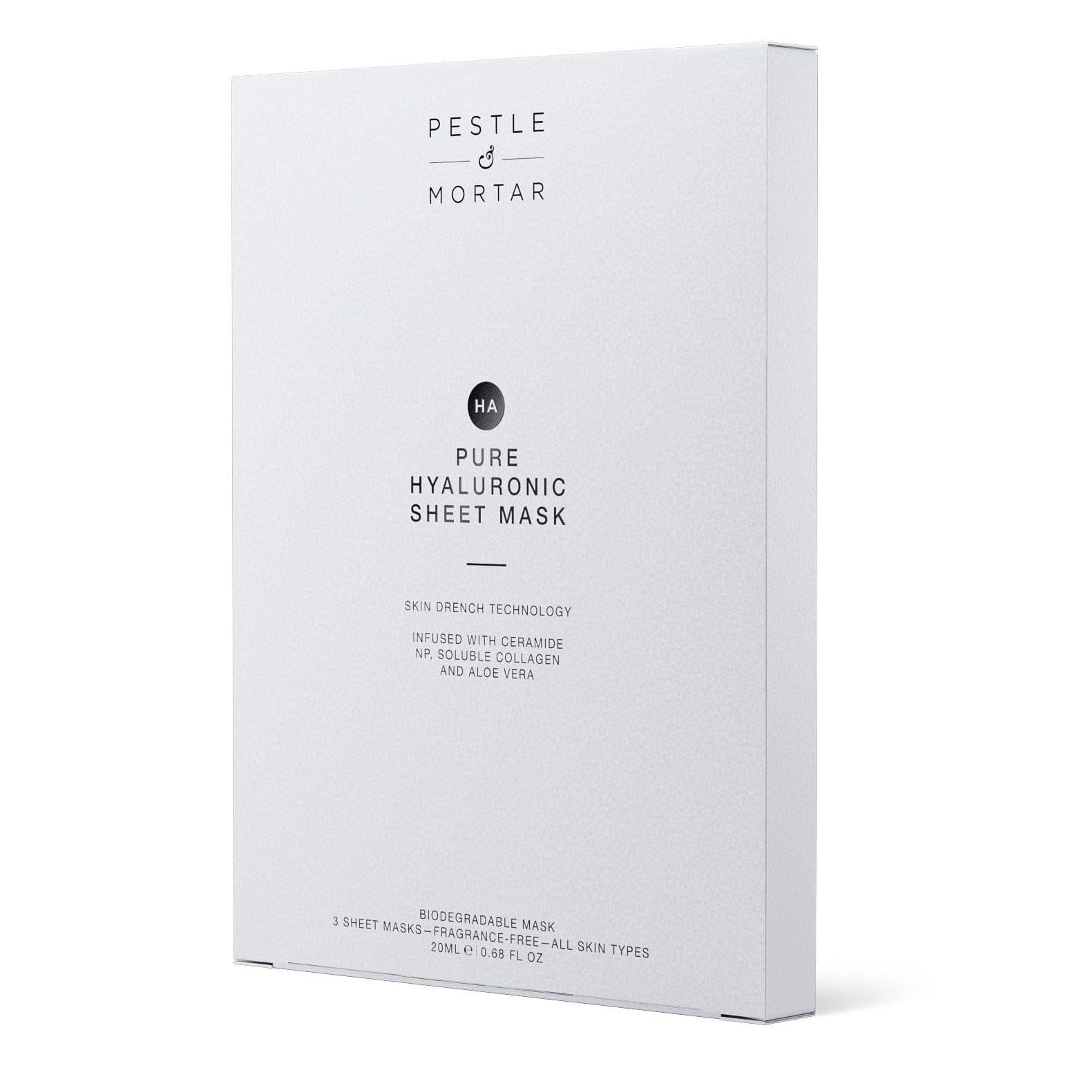 White packaging of Pestle & Mortar Pure Hyaluronic Sheet Mask on a white background