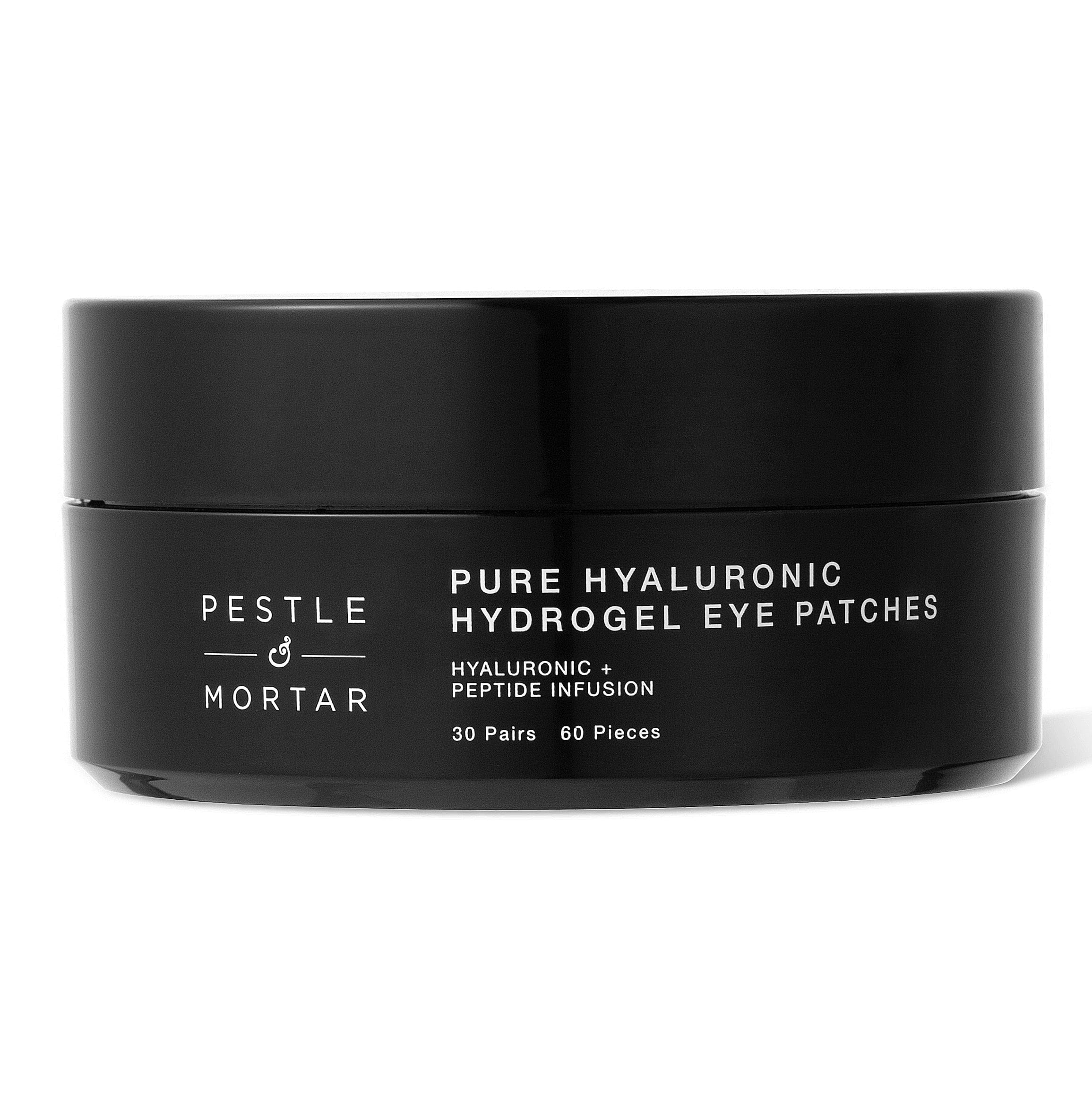 Black jar of Pestle & Mortar Pure Hyaluronic Hydrogel Eye Patches on a white background