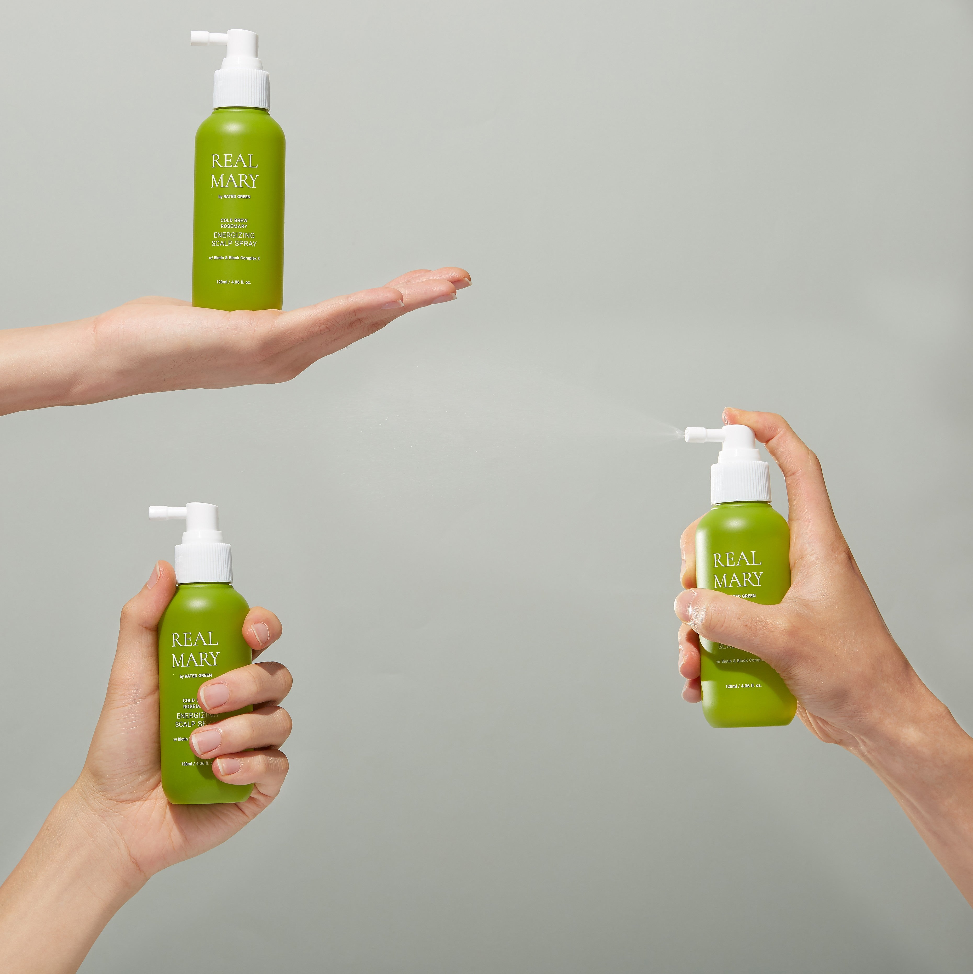 Rated Green Real Mary Energizing Scalp Spray Model Hands