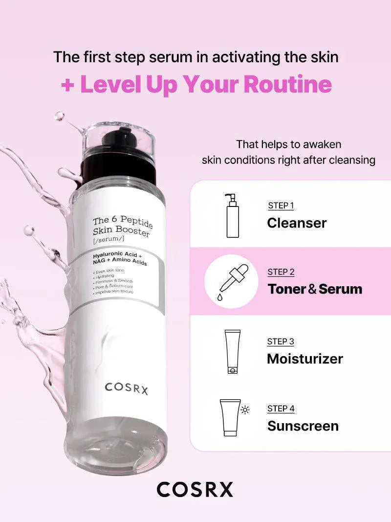 COSRX The 6 peptide skin booster bottle with step-by-step skincare routine on a pink background